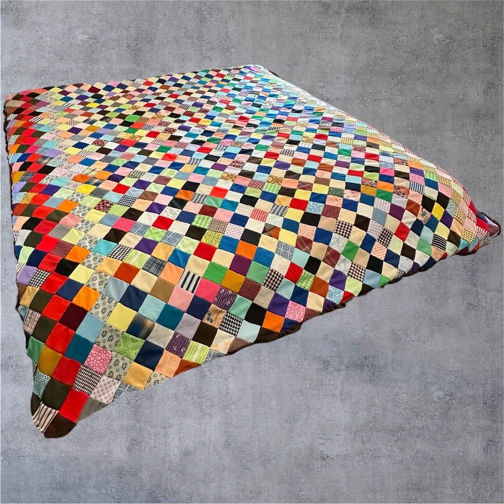 Vintage Unfinished Patchwork Quilt Top 82x80 Multi Color Hand Stitched Square